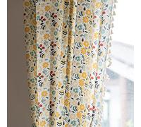 Floral Curtains 63 Inch Length 2 Panels Tassel Boho Semi-Sheer Drapes Bedroom Living Room Farmhouse Short Rustic Country Yellow Green Flower Rod Pocket Cotton Linen Blend Window Curtain Panel