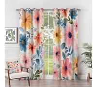Floral Curtains 90x90 - Floral Curtains - Colourful Pastel Flower Blackout Curtains 46 x 54 Inch (Width x Drop) 2 Panels, Wildflower Botanical Eyelet Curtains & Drapes