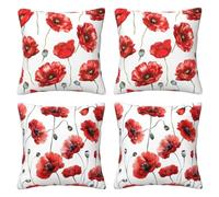 floral Cushion Covers 30 x 30 cm Pack of 4 Velvet Cushion Cover Soft Small Sofa Cushions 12 x 12 Inch Square Red Poppy Throw Pillow Cases for Couch Sofa Livingroom Bedroom Farmhouse Decor -LI559