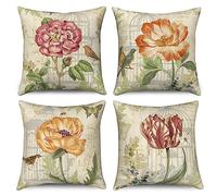 Floral Cushion Covers 40 x 40 cm Set of 4, Hnmdmyi Farmhouse Vintage Flower Dragonfly Bird Butterfly Decorative Throw Pillow Covers Aesthetic Beige Linen Pillowcases for Sofa Garden Outdoor Home Decor