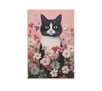 Floral Cute Cat Canvas Wall Art Print Framed Black White Animal Wild Flower Modern Ready to Hang Canvas Print Posters Wall Art
