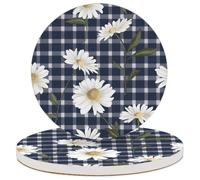 Floral Daisies Plaid Check Coasters for Drinks Set of 2