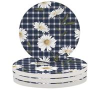 Floral Daisies Plaid Check Coasters for Drinks Set of 4