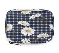 Floral Daisies Plaid Check Pill Organizer Travel Medicine Case with Zipper Daily Vitamin Storage Bag Portable 8 Slot Weekly Pill Box Supplement Holder for Home Office Gym Travel