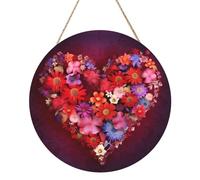 Floral Decoration Heart Round Wood Panel Painting 12 Inch Hanging Plaque Rustic Farmhouse Wall Art Home Decor with Rope
