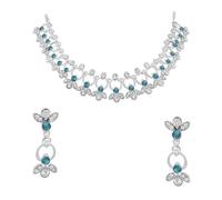 Floral Delicate Austrian Stone Necklace Set For Women - Sky Blue | Gift For Her, Metal, No Gemstone