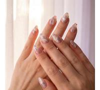 Floral Design Artificial Nail Tips on Translucent Beige Base with Rhinestones - Almond Shape Glossy Reusable 24Pcs Press on Nails for Women, Short False for Casual Wear and Social Events