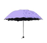 Floral Design Umbrella with Color Change Feature Compact 3 Fold for Both Sun and Rain Protection (Purple)