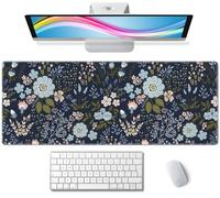 Floral Desk Mat Dark Vintage Aesthetic Desk Pad Flower Plant Blue Extended Mouse Pad Large Gaming Mousepad XL Laptop Computer Mouse Keyboard Mat 31.5 x 11.8 in for Office Desk Decor