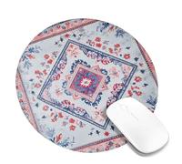 Floral Diamond Mouse Pad, Red Blue Vintage Style Stitched Edge Mouse Mat, Non-Slip Washable Gaming Pad for Home and Office Computer, Laptop Round 8x8 Inch
