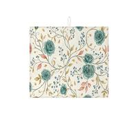 Floral Dish Drying Mats for Kitchen Counter, Vintage Blue Green Rose Absorbent Dish Mat, Spring Botanical Microfiber Drying Pad for Coffee Bar Protector 16x18 Inch