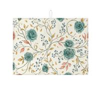 Floral Dish Drying Mats for Kitchen Counter, Vintage Blue Green Rose Absorbent Dish Mat, Spring Botanical Microfiber Drying Pad for Coffee Bar Protector 18x24 Inch