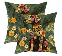 Floral Dog Pillow Covers Set of 2, Black Labrador Print Throw Pillows Case, Tropical Decorative Square Home Decor Cushion Covers for Couch Sofa 18x18 Inch