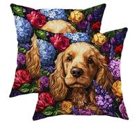 Floral Dog Pillow Covers Set of 2, Golden Cocker Spaniel Dog Design Decorative Throw Pillows, Spring Outdoor Farmhouse Cushion Covers for Sofa Bed Couch 18x18 Inch