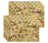 Floral Dog Placemats, Vintage Country Style Table Mats for Dining, Spring Summer Non-Slip Washable Indoor Outdoor Kitchen Party Decorative Placemat Set of 6