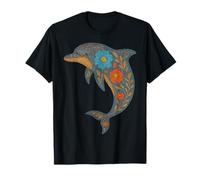 Floral Dolphin Art Decor Blue Orange Flowers T-Shirt