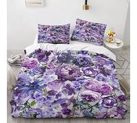 Floral Dreams - Small Purple Peonies - Lavender Comforter Covers for Boys Girls 3D Printed Quilt Cover Duvet Cover with Pillow Cases Soft Microfiber with Zipper Closure Bedding Set 3 Pieces Double