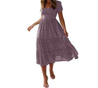 Floral Dresses for Women UK, Puff Sleeves Square Neck Midi Floral Dresses, Ladies Flowy Chiffon Casual Beach Holiday Sundress Petite Dress for Women UK Pink