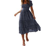 Floral Dresses for Women UK, Puff Sleeves Square Neck Midi Floral Dresses, Ladies Flowy Chiffon Casual Beach Holiday Sundress Petite Dress for Women UK Dark Blue