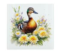 Floral Duck Large Square Glass Worktop Protector - Birds & Flowers Nature Wildlife Gifts - Smooth Kitchen Chopping/Cutting Board Worktop Saver with Non-Slip Feet 30cm x 30cm (12" x 12")