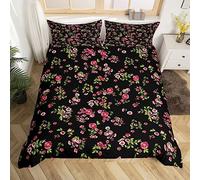Floral Duvet Cover King, Botanical Spring Flowers Bedding Set, Pink Red Green Leaves Black Dark Night Comforter Cover for Women Girls Adults, Elegant Plants Bedroom Decor Quilt Cover