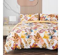 Floral Duvet Cover Set Autumn Tree Branches and Leaves Pattern, Super King Size Microfiber Colorful Soft Farmhouse Bed Bedding Sets Quilt Covers with Zipper Closure and Pillowcases Mustard Yellow