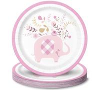 Unique 78374 Pink Floral Elephant Baby Shower Round Deseert Plates, 7" 8 Pcs