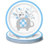 Unique 78394 Blue Floral Elephant Baby Shower Round Dessert Plates, 7" 8 Pcs