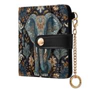 Floral Elephant Mandala Blue Print Small Women Wallet RFID Blocking PU Leather Bifold Compact Card Holder with Coin Pocket Zipper Purse for Girls Women Ladies