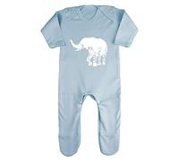 Floral Elephant Silhouette Watercolour Cut Out Baby Romper Jumpsuit with feet, 0-3 Months, Pastel Blue
