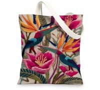 Floral Embroidered Canvas Tote Bag, Tropical Reusable Shopping Bags, Lightweight Eco-Friendly Shoulder Bags 13x15 Inch