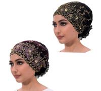 Floral Embroidered Mesh Turban Cap with Lace Detail Women's Head Wrap Bonnet Muslim Hat, 1pcs Black and 1pcs Purple, M