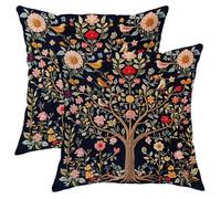 Floral Embroidered Pillow Covers Set of 2,Navy Blue Flower Tree Throw Cushions,Seasonal Decorative Farmhouse Decor for Home Sofa Bed Couch 16x16 Inch