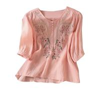 Floral Embroidered Tops Cotton Linen Shirts Boho Ethnic Style Tee Women 3/4 Sleeve V Neck Tunic Tshirt Athletic Sleeve (Pink-e, XL)
