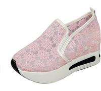 Floral Embroidery Sneakers for Women 2026 Sheer Mesh Lace Sneakers Spring Glitter Mesh Platform Lace Breathable Sneakers Slip On Loafers with Arch Support Ladies Wedge Walking Work Casual Shoes