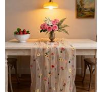 Floral Embroidery Tulle Table Runner, Transparent Fairy Table Decoration, Wedding Party Tablecloth, Suitable for Decorating Living Spaces (70x200cm,Light yellow embroidered colorful flowers)