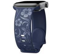 Floral Engraved Band Compatible with Apple Watch Band 38mm 40mm 41mm 42mm 44mm 45mm 49mm, Designer Soft Silicone Glossy Wildflower Strap for iWatch Band Series Ultra 9 8 7 6 SE 5 4 3 2 1, Blue 42