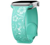 Floral Engraved Band Compatible with Apple Watch Band 38mm 40mm 41mm 42mm 44mm 45mm 49mm, Designer Soft Silicone Glossy Wildflower Strap for iWatch Band Series Ultra 9 8 7 6 SE 5 4 3 2 1, T Blue 42