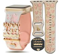 Floral Engraved Pink Silicone Band with Charms Compatible Apple Watch Women 38mm 40mm 41mm 42mm 44mm 45mm 46mm 49mm,Jullstar Butterfly Summer Flower Strap Starlight Black Purple for iphone Watch