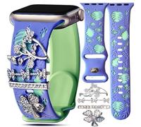 Floral Engraved Pink Silicone Band with Charms Compatible Apple Watch Women 38mm 40mm 41mm 42mm 44mm 45mm 46mm 49mm,Jullstar Butterfly Summer Flower Strap Starlight Black Purple for iphone Watch