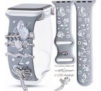 Floral Engraved Pink Silicone Band with Charms Compatible Apple Watch Women 38mm 40mm 41mm 42mm 44mm 45mm 46mm 49mm,Jullstar Butterfly Summer Flower Strap Starlight Black Purple for iphone Watch