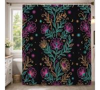 Floral Extra Long Shower Curtain, Bohemian Artistic Leaf Star Fall Black Polyester Waterproof Bathtub Cloth Curtains Decor for Toile Bathroom Dorm 72x96 Inch