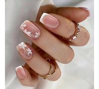 Floral False Nails 24 Pieces Set French Tip Square Shape Stick On Nails Full Covers Press On Nails Manicure Nails Art