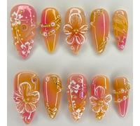 Floral False Nails Almond - Medium Length Press On Nails - Pink Yellow Gradient Fake Nails With 3D Gold Beads Design - Spring Summer Gel Stick On Nails For Women Girls