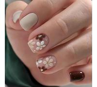 Floral False Nails With Design, SXVME Brown Nude Press on Nails Short Square Flowers Full Cover Spring Fake Nails Press on, Natural Glue on Nails for Women in 24 Pcs