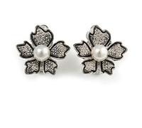 Floral Faux Pearl Clip On Earrings In Silver Tone - 20mm Tall