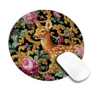 Floral Fawn Desk Mouse Pad, Peach Rose and Green Leaves Vintage Style Mousepad, Non-Slip Washable Gaming Mouse Pad for Home and Office Computer, Laptop Round 8x8 Inch
