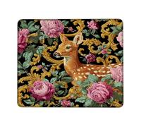 Floral Fawn Desk Mouse Pad, Peach Rose and Green Leaves Vintage Style Mousepad, Non-Slip Washable Gaming Mouse Pad for Home and Office Computer, Laptop Square 8x10 Inch