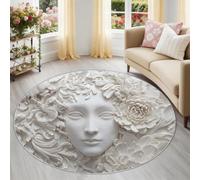 Floral Female Face Round Area Rug for Indoor 160 cm, Fine Relief Low-Pile Washable Circle Floor Mat, Non-Slip Circle Rugs for Teens Boys Girls Bedroom, White