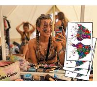 Floral Festival Face Paint Temporary Tattoos - Colourful Symmetrical Face Tattoo Set - 1 Full Face Look (2 Tattoos) - Waterproof Festival Makeup Alternative
